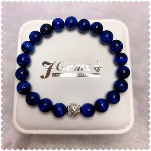 Tiger Eye Lighting Blue Grade A3 10mm Cloisonné Silver Plated Charm Bracelet